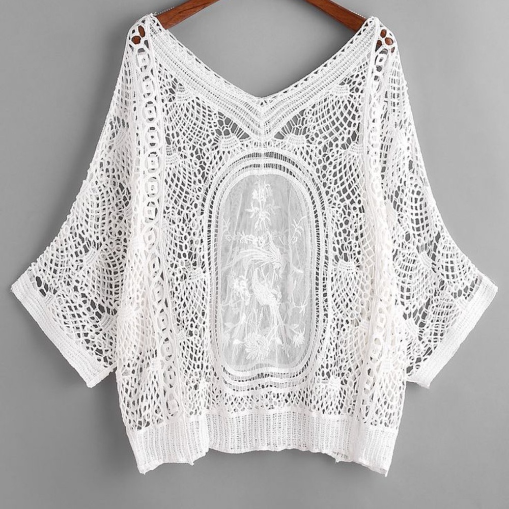 Cellabie White Crochet Lace Embroidered Floral Knit Flowy Top
